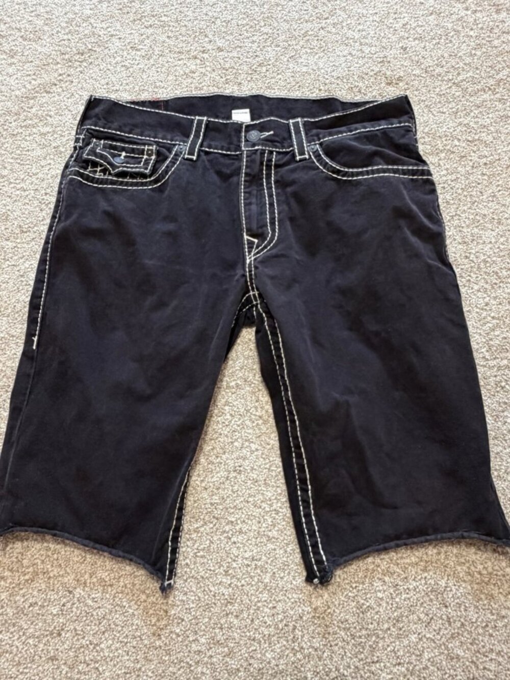 True Religion Men’s Black Denim White Stitching Cut-Off Y2K Shorts Size 36